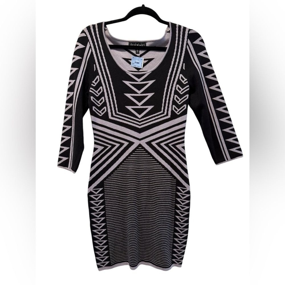 Derek Heart Sweater Dress Black‎ Gray Geometric Tribal Knit Bodycon Womens Large